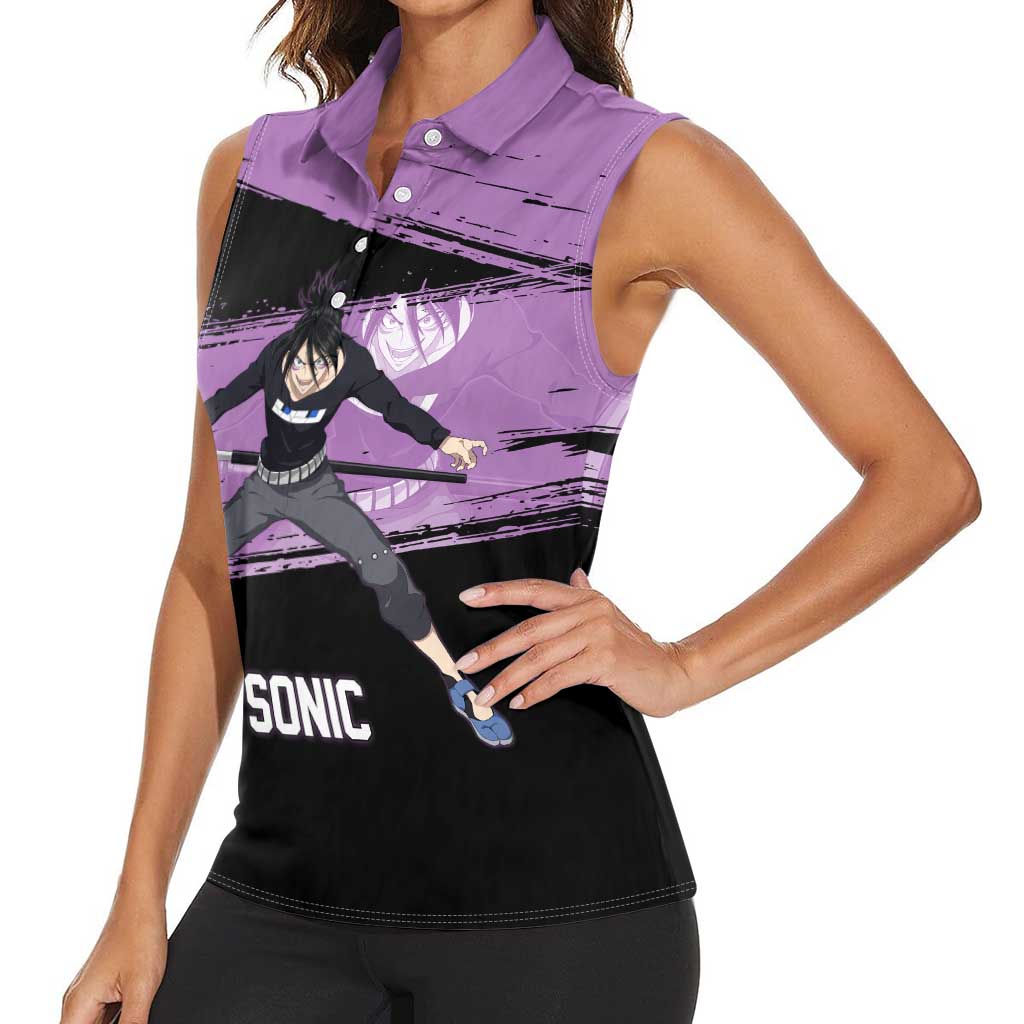 Sonic One Punch Man Anime Purple and Black Theme Women Sleeveless Polo Shirt with Stealth Pose and High-Speed Ninja Design - The Mazicc