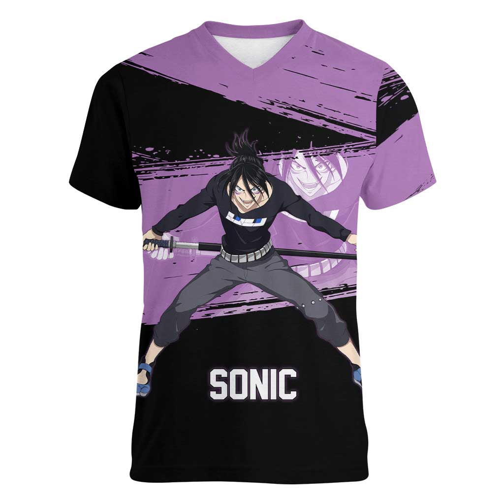 Sonic One Punch Man Anime Purple and Black Theme Women V-Neck T-Shirt with Stealth Pose and High-Speed Ninja Design - The Mazicc