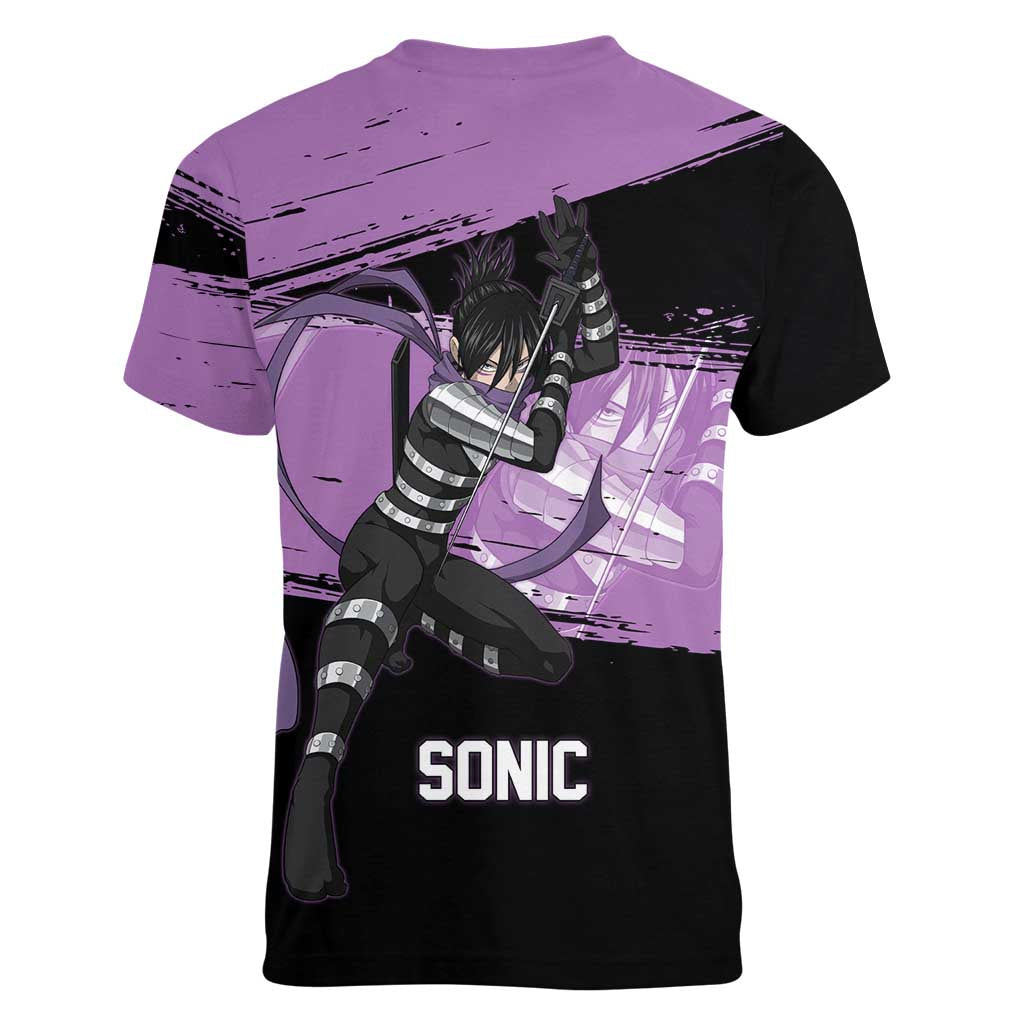 Sonic One Punch Man Anime Purple and Black Theme Women V-Neck T-Shirt with Stealth Pose and High-Speed Ninja Design - The Mazicc