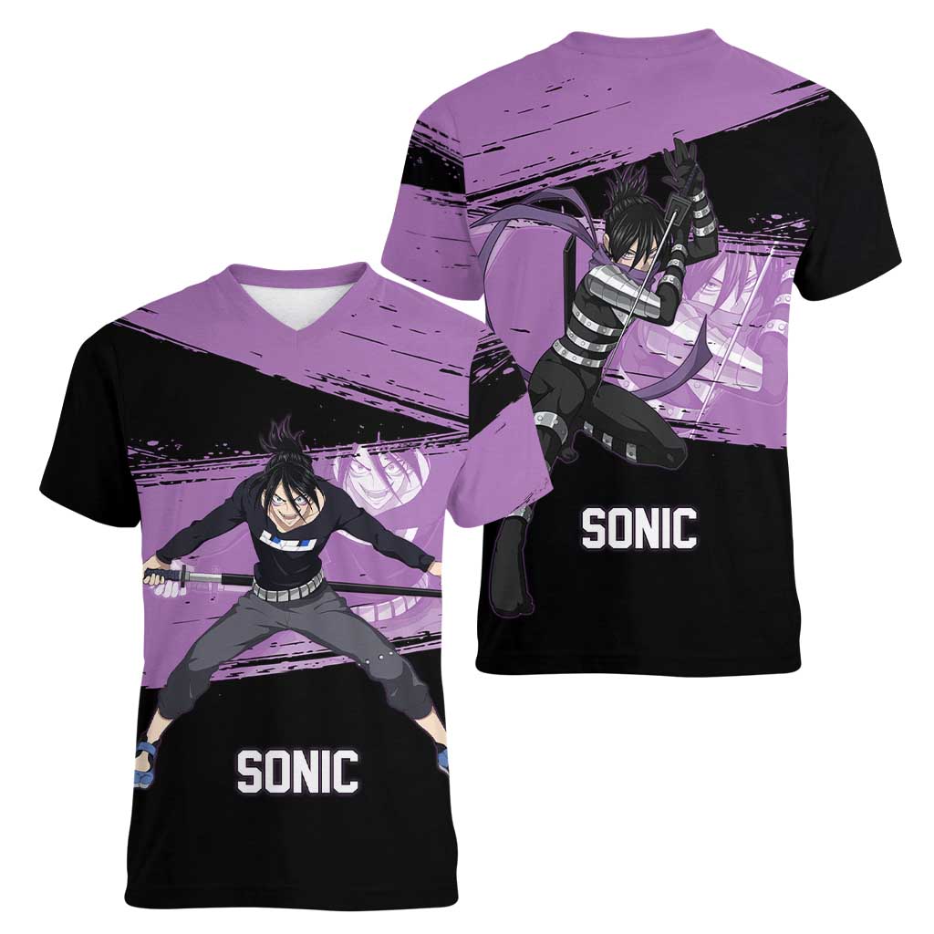 Sonic One Punch Man Anime Purple and Black Theme Women V-Neck T-Shirt with Stealth Pose and High-Speed Ninja Design - The Mazicc