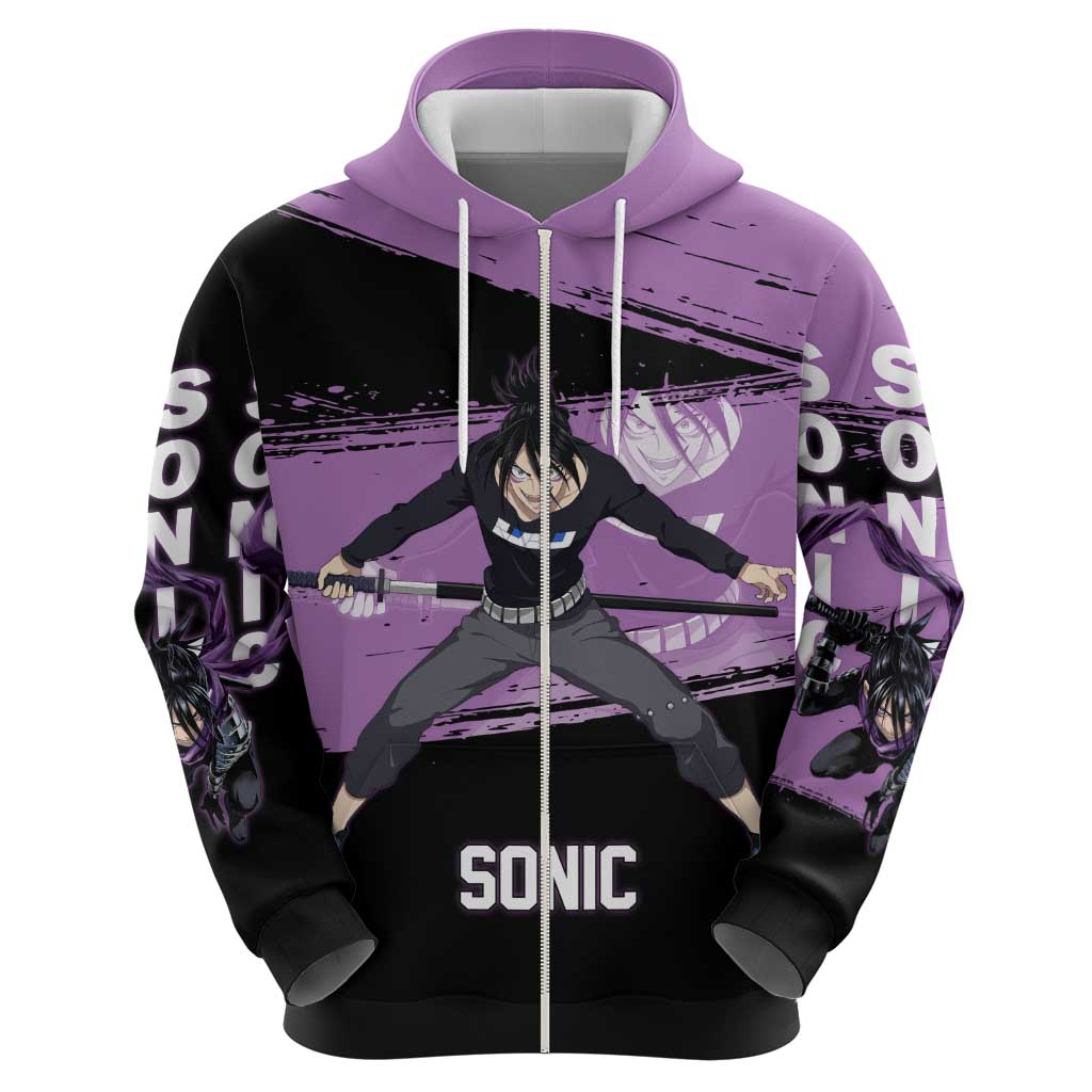 Sonic One Punch Man Anime Purple and Black Theme Zip Hoodie with Stealth Pose and High-Speed Ninja Design - The Mazicc