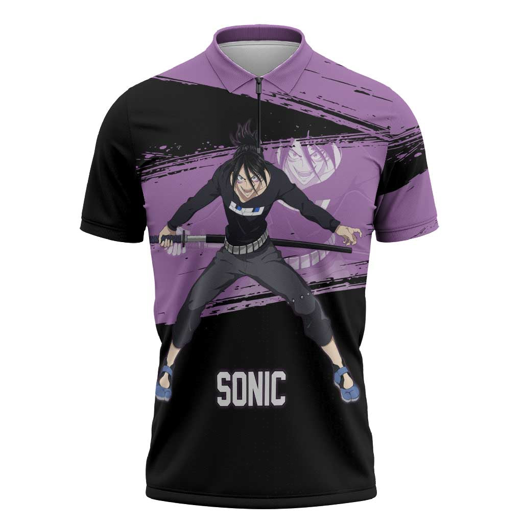 Sonic One Punch Man Anime Purple and Black Theme Zipper Polo Shirt with Stealth Pose and High-Speed Ninja Design - The Mazicc