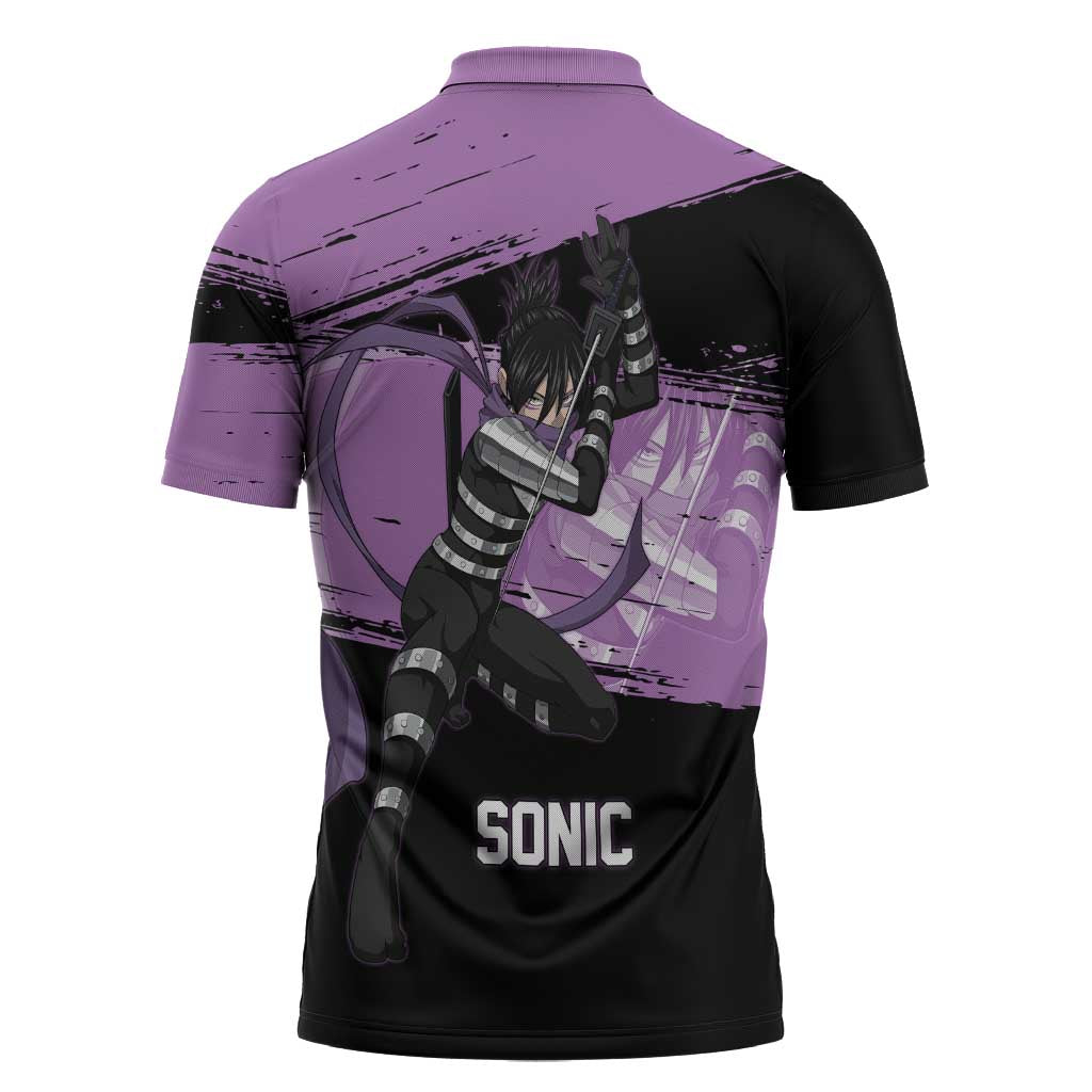 Sonic One Punch Man Anime Purple and Black Theme Zipper Polo Shirt with Stealth Pose and High-Speed Ninja Design - The Mazicc