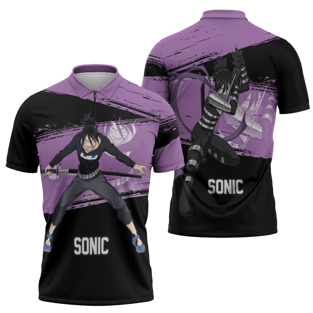 Sonic One Punch Man Anime Purple and Black Theme Zipper Polo Shirt with Stealth Pose and High-Speed Ninja Design - The Mazicc