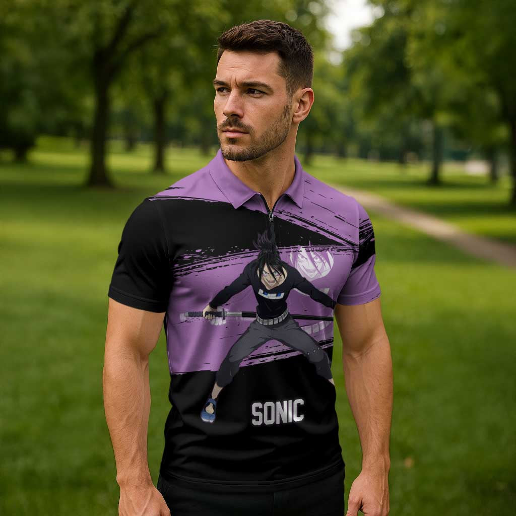 Sonic One Punch Man Anime Purple and Black Theme Zipper Polo Shirt with Stealth Pose and High-Speed Ninja Design - The Mazicc