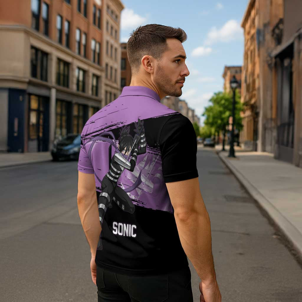 Sonic One Punch Man Anime Purple and Black Theme Zipper Polo Shirt with Stealth Pose and High-Speed Ninja Design - The Mazicc