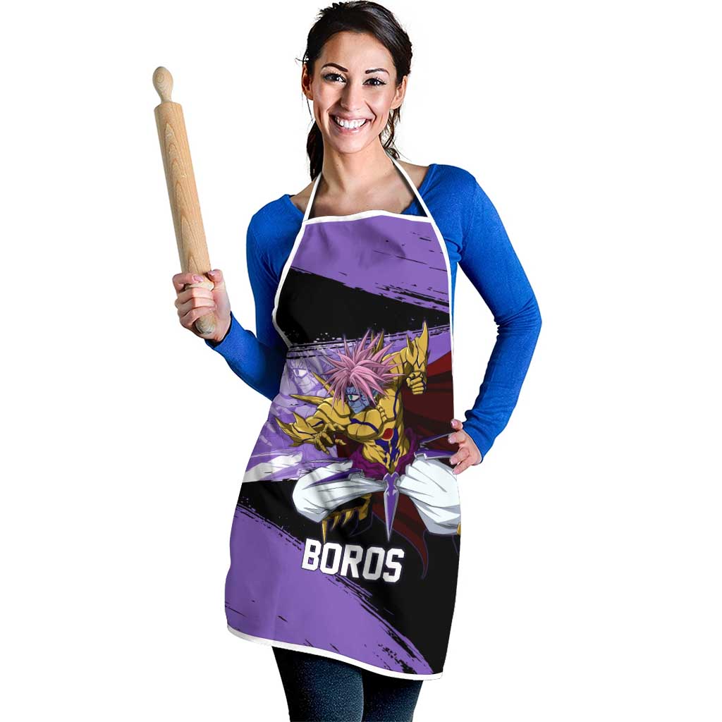 Boros One Punch Man Anime Purple and Black Theme Apron with Galactic Overlord Design and Intense Battle Stance - The Mazicc