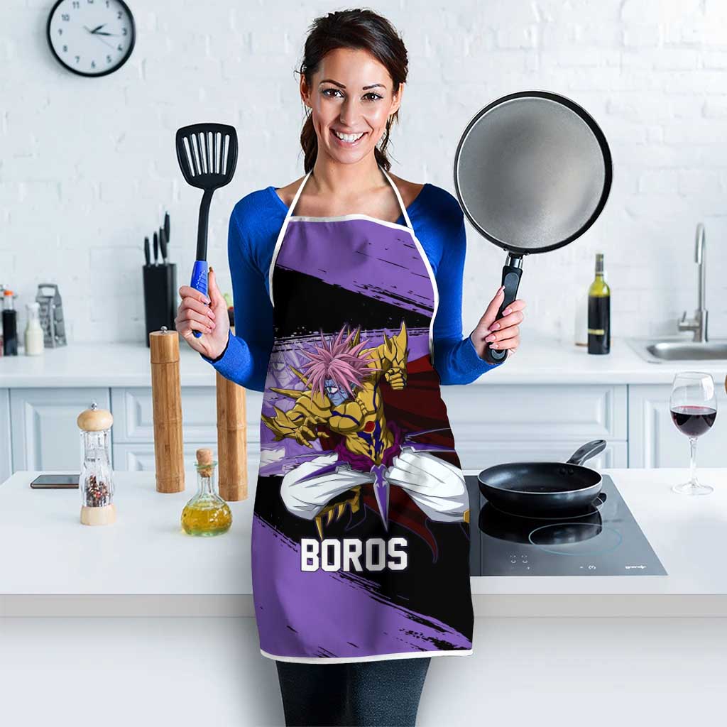 Boros One Punch Man Anime Purple and Black Theme Apron with Galactic Overlord Design and Intense Battle Stance - The Mazicc