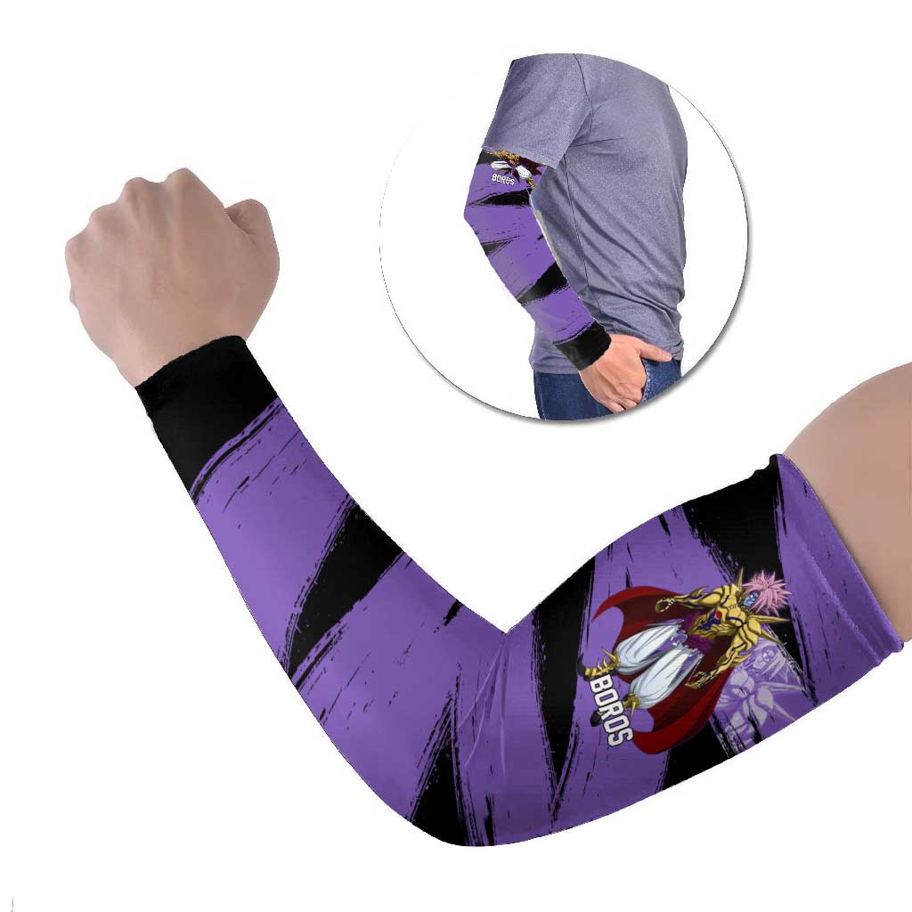 Boros One Punch Man Anime Purple and Black Theme Arm Sleeves with Galactic Overlord Design and Intense Battle Stance - The Mazicc