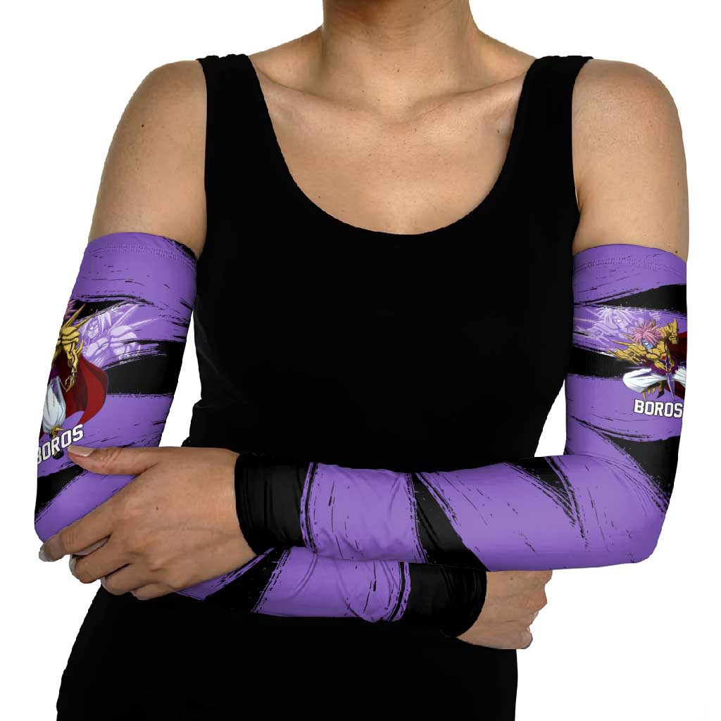 Boros One Punch Man Anime Purple and Black Theme Arm Sleeves with Galactic Overlord Design and Intense Battle Stance - The Mazicc