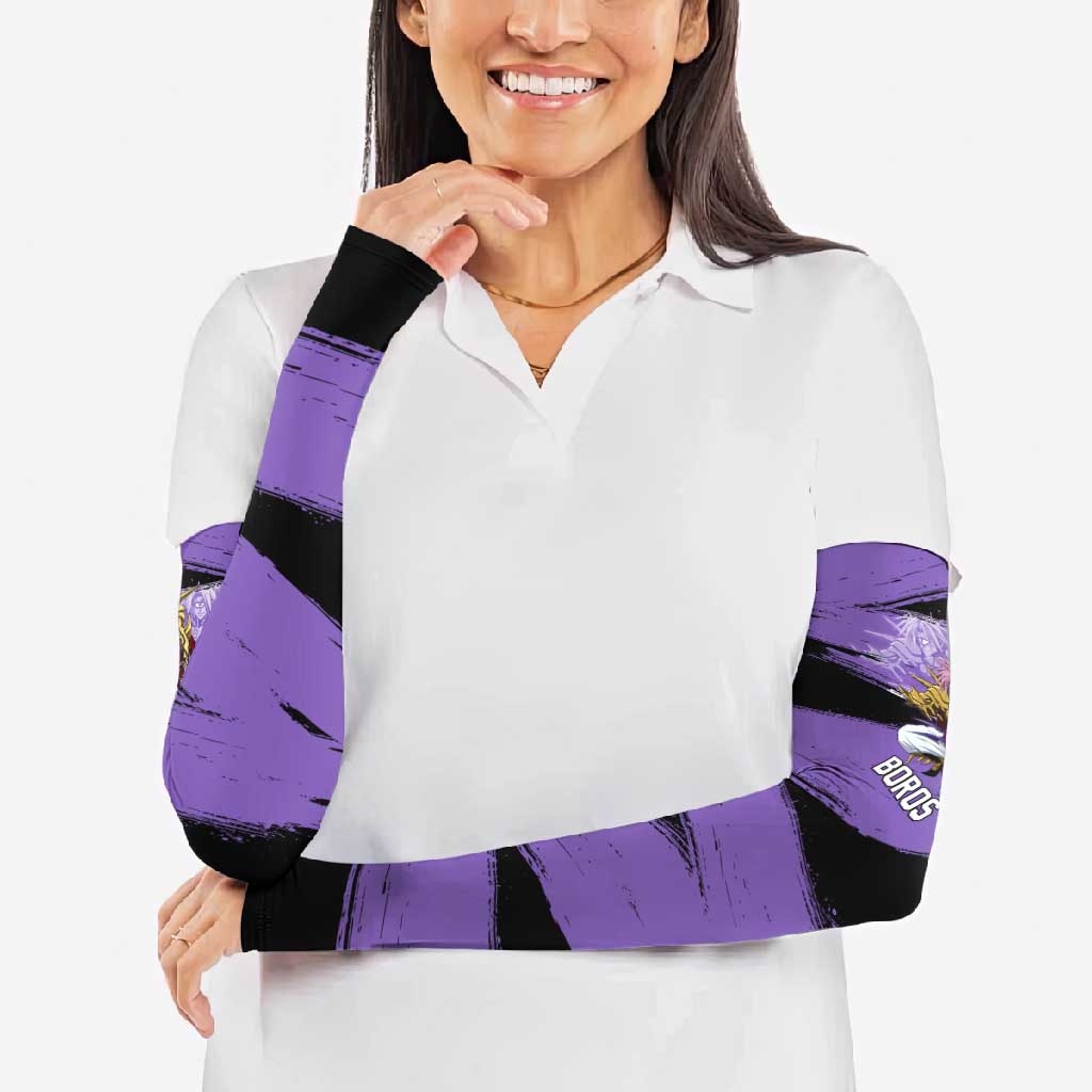 Boros One Punch Man Anime Purple and Black Theme Arm Sleeves with Galactic Overlord Design and Intense Battle Stance - The Mazicc