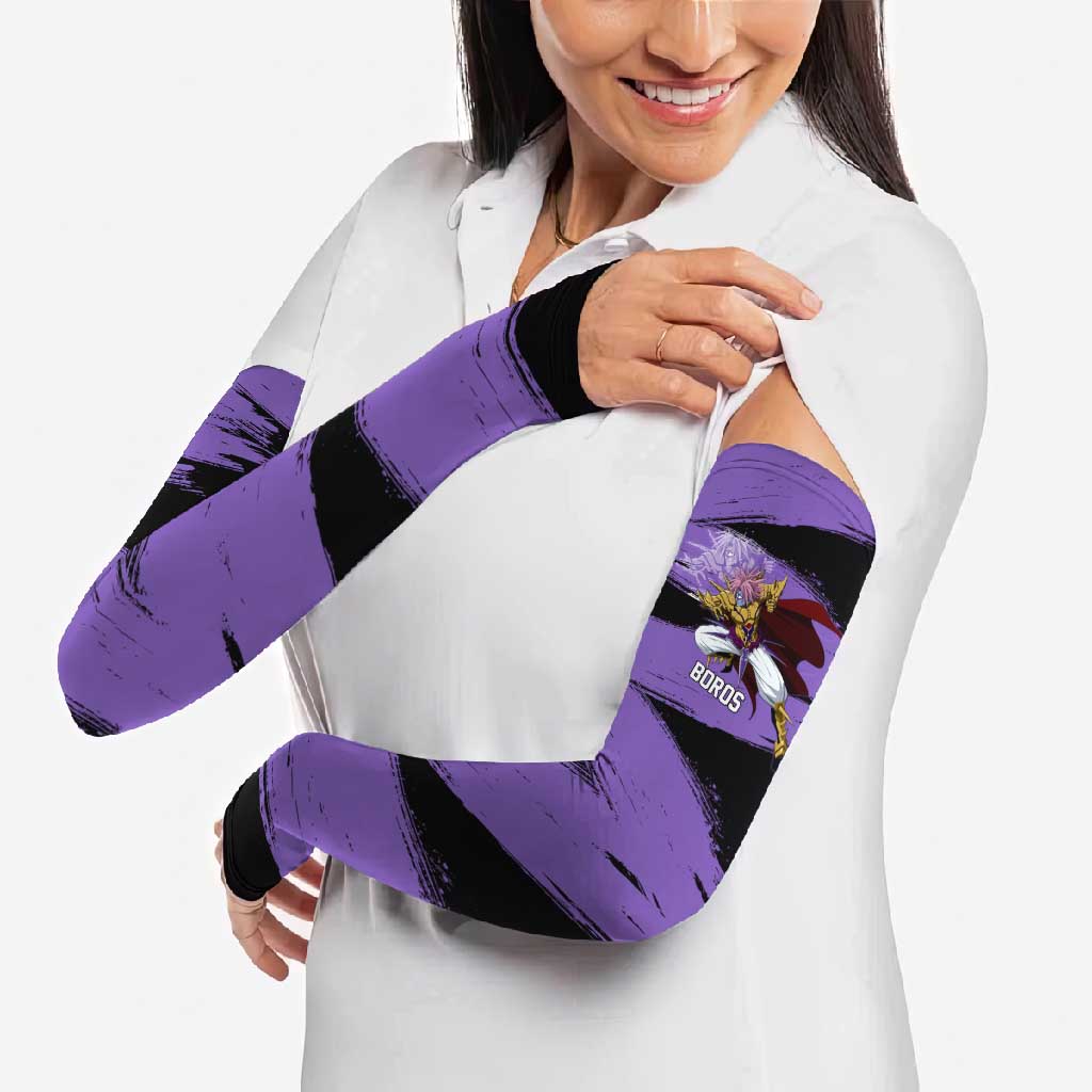 Boros One Punch Man Anime Purple and Black Theme Arm Sleeves with Galactic Overlord Design and Intense Battle Stance - The Mazicc