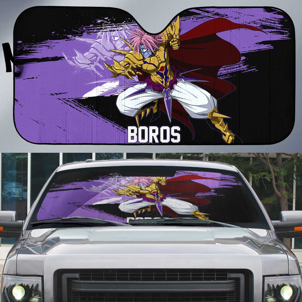 Boros One Punch Man Anime Purple and Black Theme Auto Sun Shade with Galactic Overlord Design and Intense Battle Stance - The Mazicc