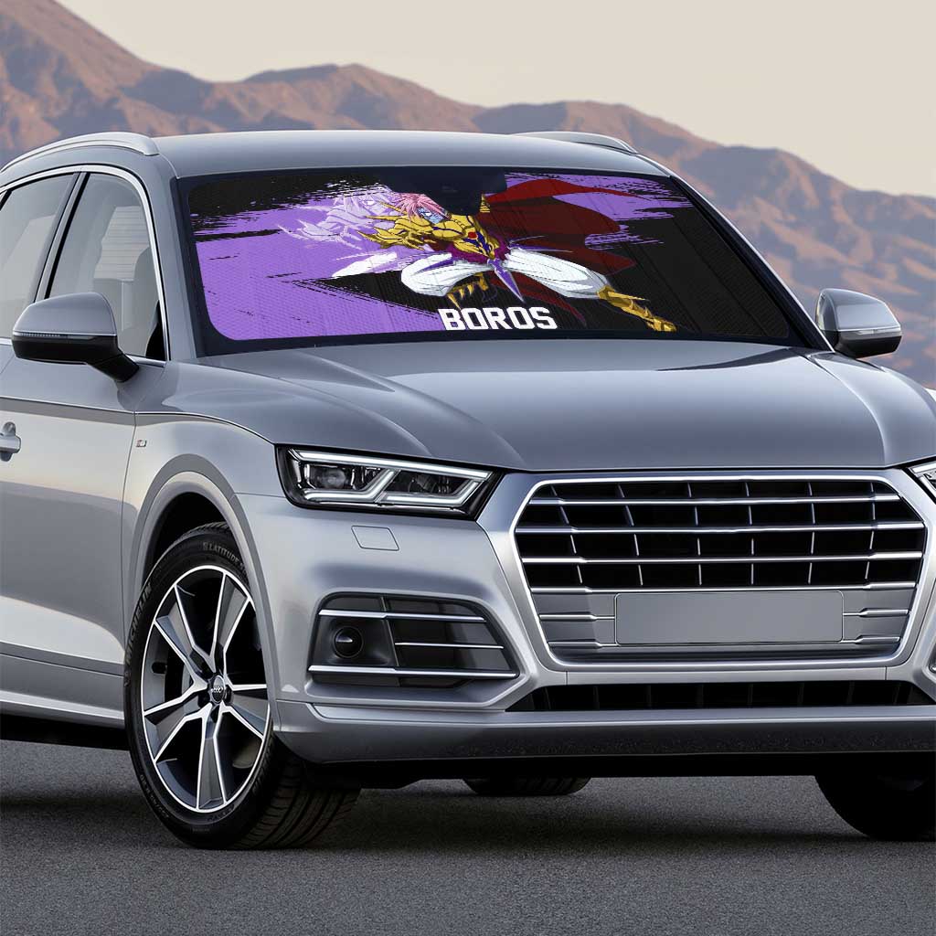 Boros One Punch Man Anime Purple and Black Theme Auto Sun Shade with Galactic Overlord Design and Intense Battle Stance - The Mazicc