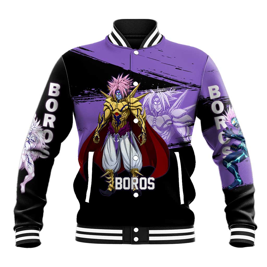 Boros One Punch Man Anime Purple and Black Theme Baseball Jacket with Galactic Overlord Design and Intense Battle Stance - The Mazicc