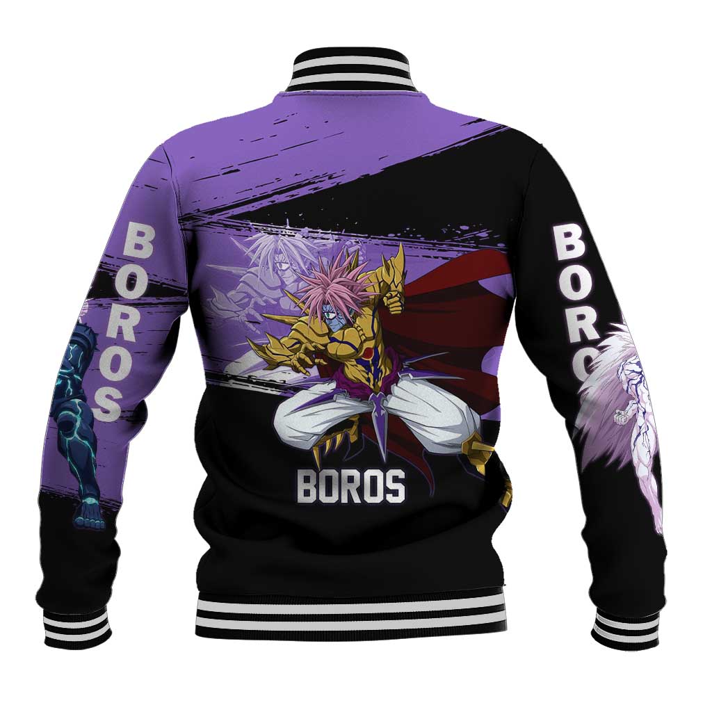 Boros One Punch Man Anime Purple and Black Theme Baseball Jacket with Galactic Overlord Design and Intense Battle Stance - The Mazicc