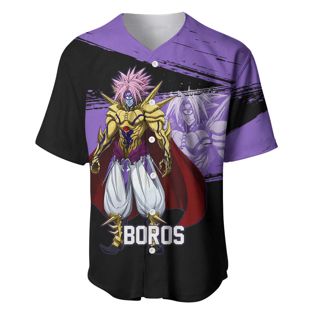Boros One Punch Man Anime Purple and Black Theme Baseball Jersey with Galactic Overlord Design and Intense Battle Stance - The Mazicc