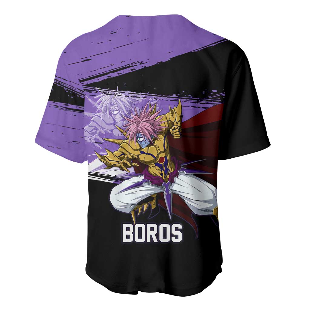 Boros One Punch Man Anime Purple and Black Theme Baseball Jersey with Galactic Overlord Design and Intense Battle Stance - The Mazicc