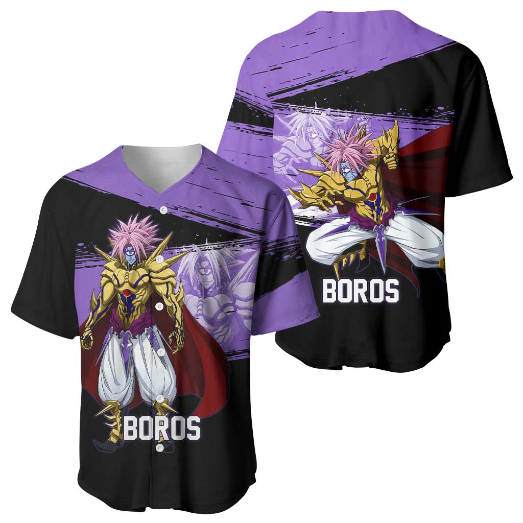 Boros One Punch Man Anime Purple and Black Theme Baseball Jersey with Galactic Overlord Design and Intense Battle Stance - The Mazicc