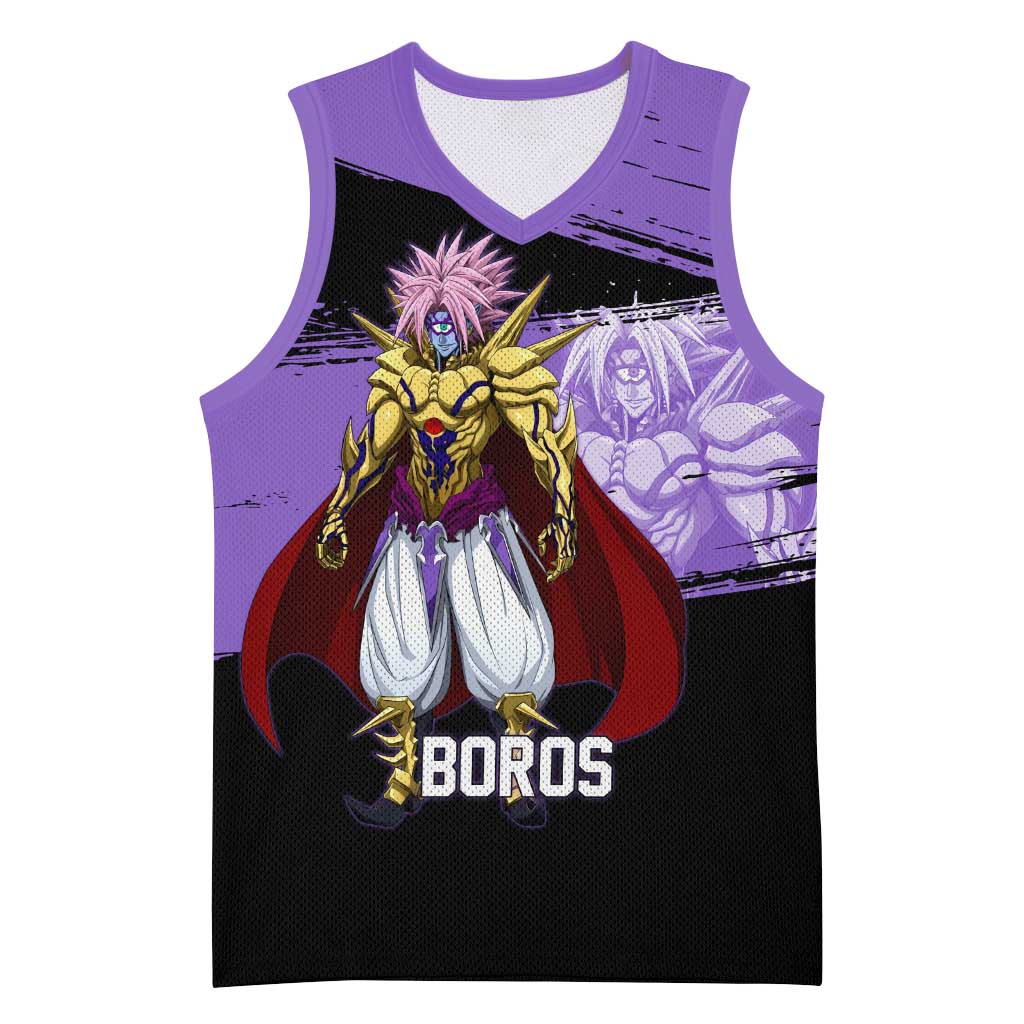Boros One Punch Man Anime Purple and Black Theme Basketball Jersey with Galactic Overlord Design and Intense Battle Stance - The Mazicc