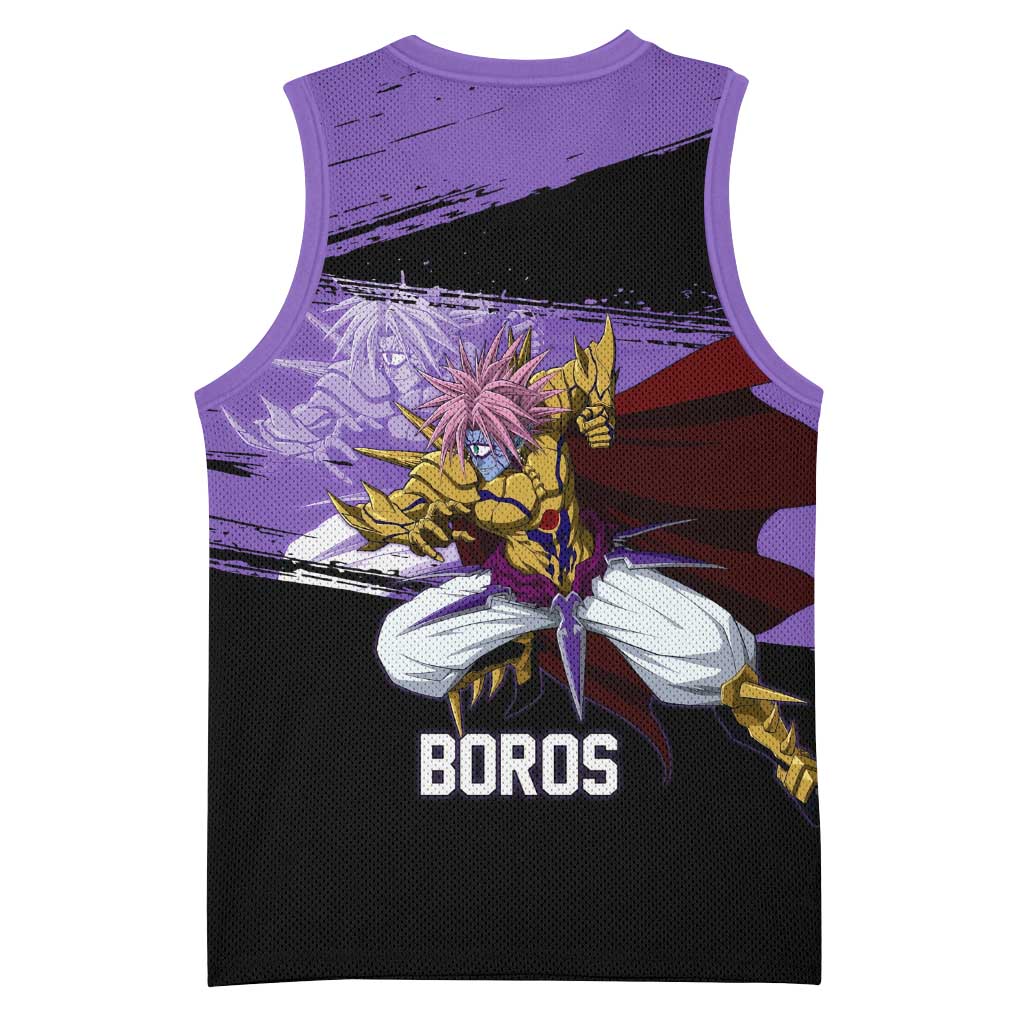 Boros One Punch Man Anime Purple and Black Theme Basketball Jersey with Galactic Overlord Design and Intense Battle Stance - The Mazicc