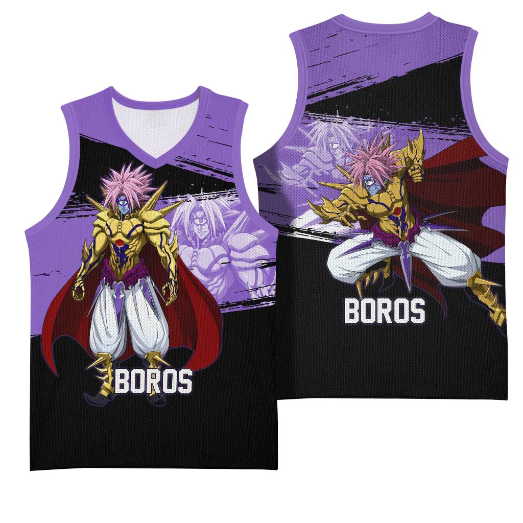 Boros One Punch Man Anime Purple and Black Theme Basketball Jersey with Galactic Overlord Design and Intense Battle Stance - The Mazicc