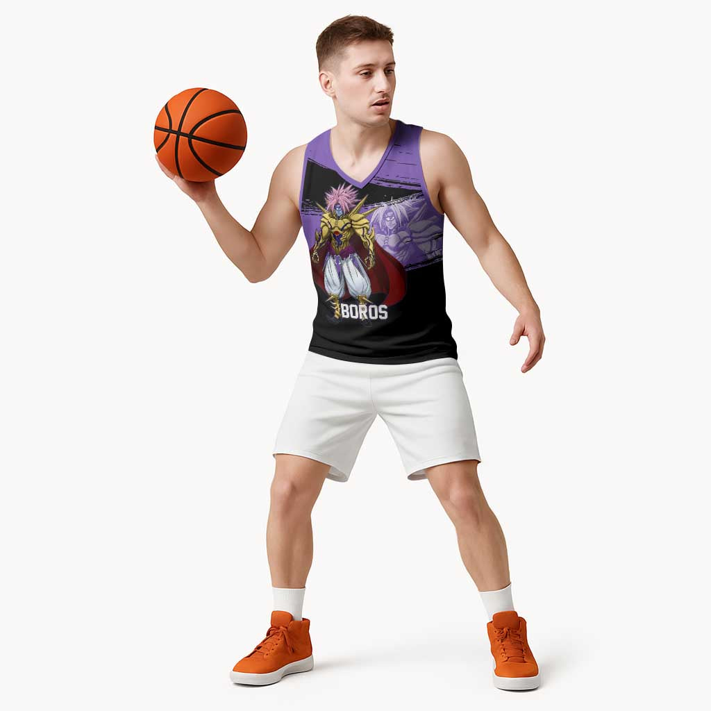 Boros One Punch Man Anime Purple and Black Theme Basketball Jersey with Galactic Overlord Design and Intense Battle Stance - The Mazicc