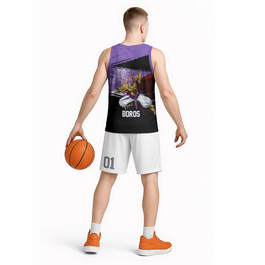 Boros One Punch Man Anime Purple and Black Theme Basketball Jersey with Galactic Overlord Design and Intense Battle Stance - The Mazicc