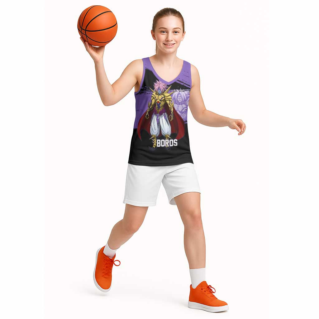 Boros One Punch Man Anime Purple and Black Theme Basketball Jersey with Galactic Overlord Design and Intense Battle Stance - The Mazicc