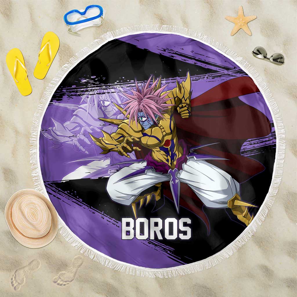 Boros One Punch Man Anime Purple and Black Theme Beach Blanket with Galactic Overlord Design and Intense Battle Stance - The Mazicc