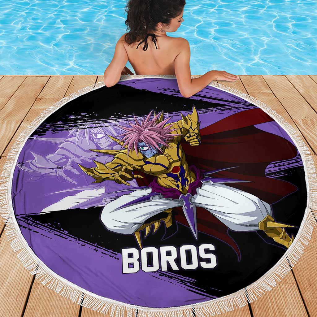 Boros One Punch Man Anime Purple and Black Theme Beach Blanket with Galactic Overlord Design and Intense Battle Stance - The Mazicc