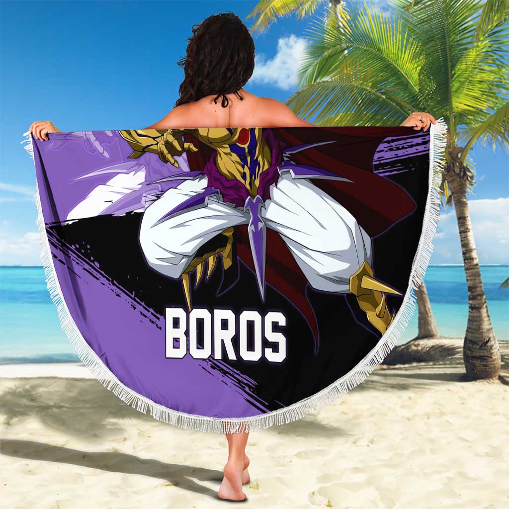 Boros One Punch Man Anime Purple and Black Theme Beach Blanket with Galactic Overlord Design and Intense Battle Stance - The Mazicc