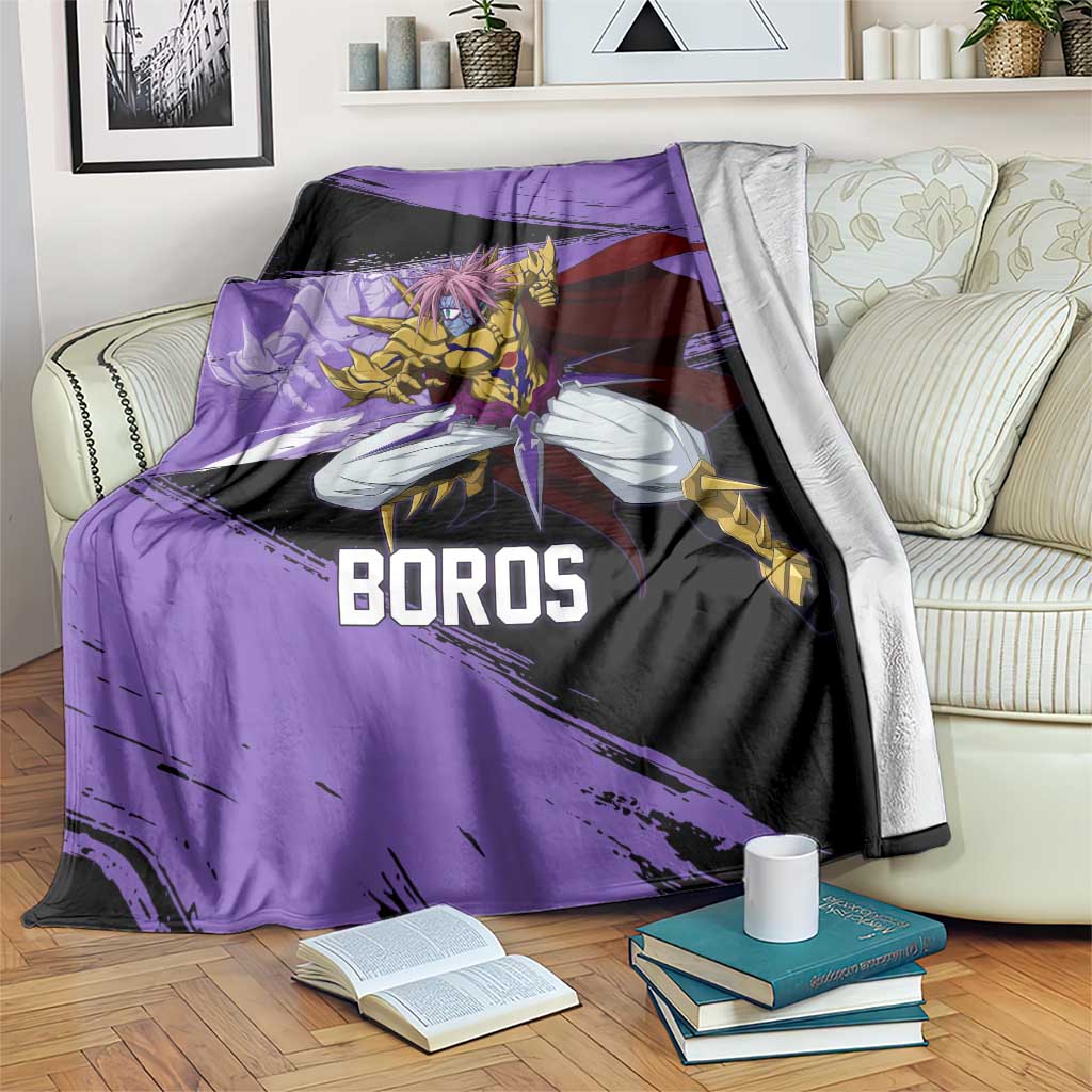 Boros One Punch Man Anime Purple and Black Theme Blanket with Galactic Overlord Design and Intense Battle Stance - The Mazicc