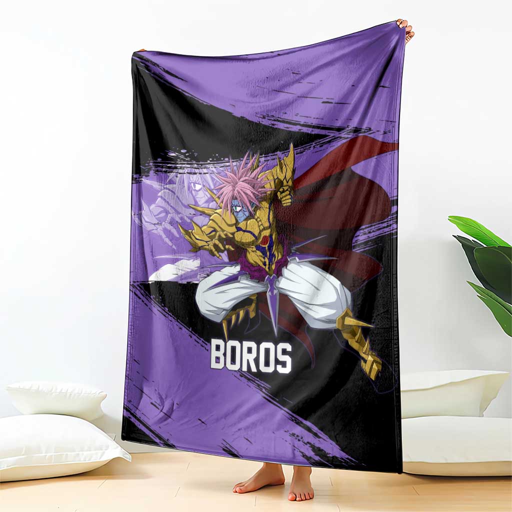 Boros One Punch Man Anime Purple and Black Theme Blanket with Galactic Overlord Design and Intense Battle Stance - The Mazicc