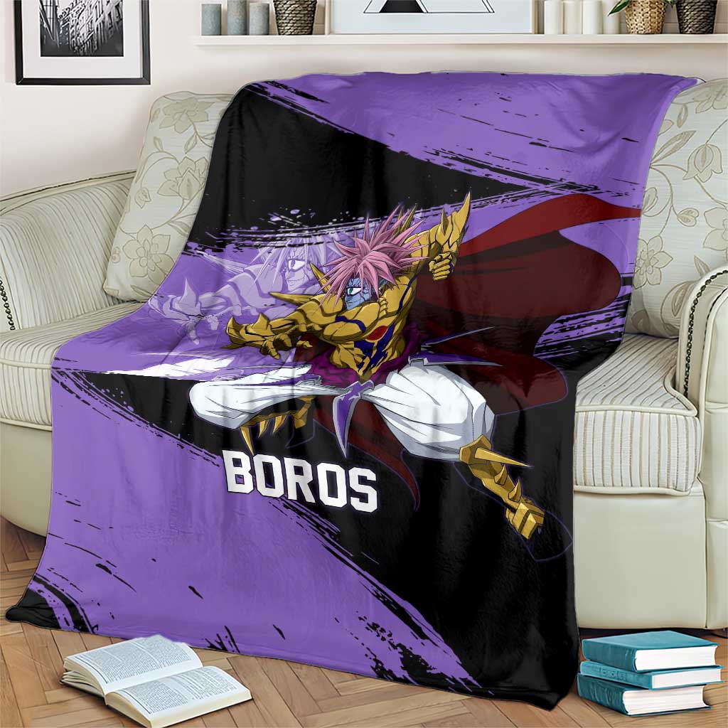 Boros One Punch Man Anime Purple and Black Theme Blanket with Galactic Overlord Design and Intense Battle Stance - The Mazicc