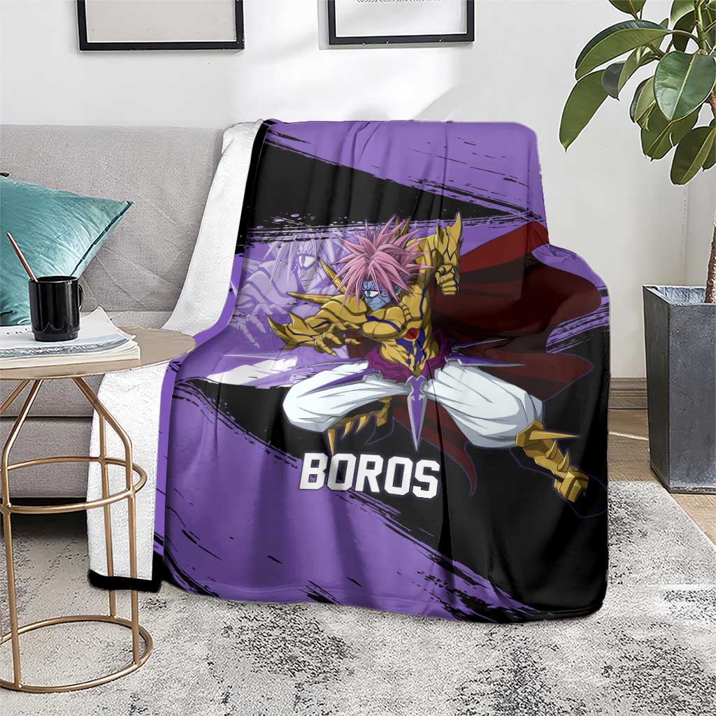 Boros One Punch Man Anime Purple and Black Theme Blanket with Galactic Overlord Design and Intense Battle Stance - The Mazicc