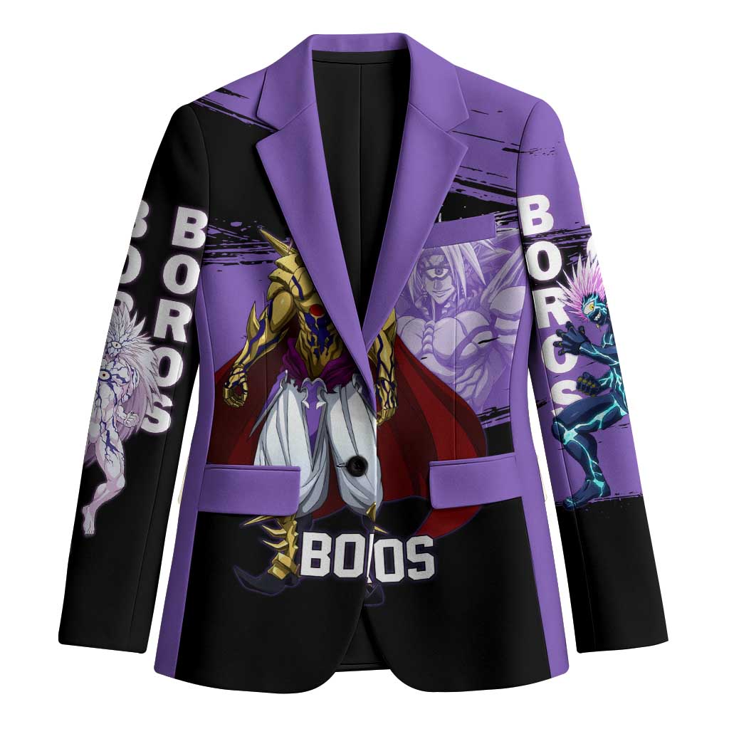 Boros One Punch Man Anime Purple and Black Theme Blazer with Galactic Overlord Design and Intense Battle Stance - The Mazicc