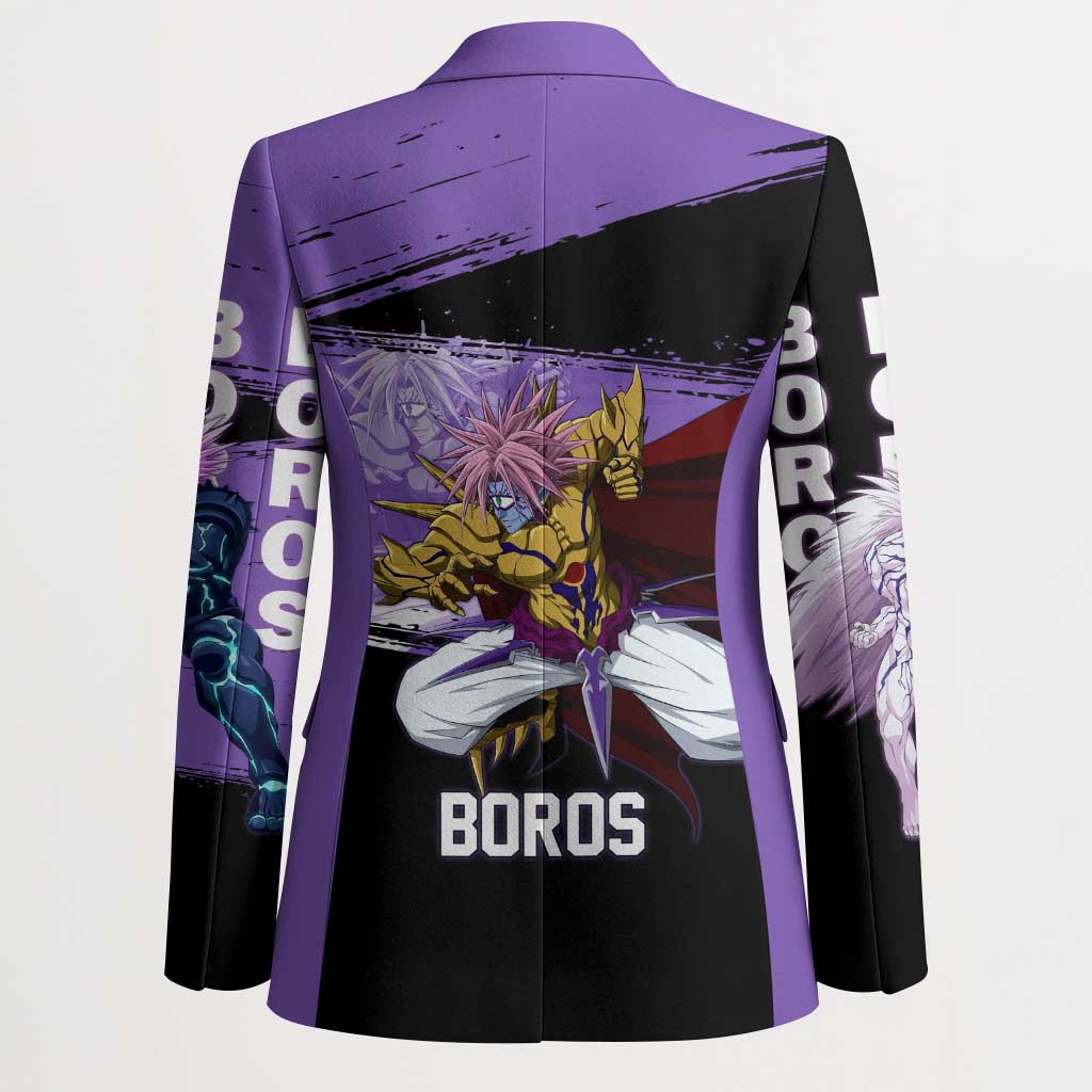 Boros One Punch Man Anime Purple and Black Theme Blazer with Galactic Overlord Design and Intense Battle Stance - The Mazicc