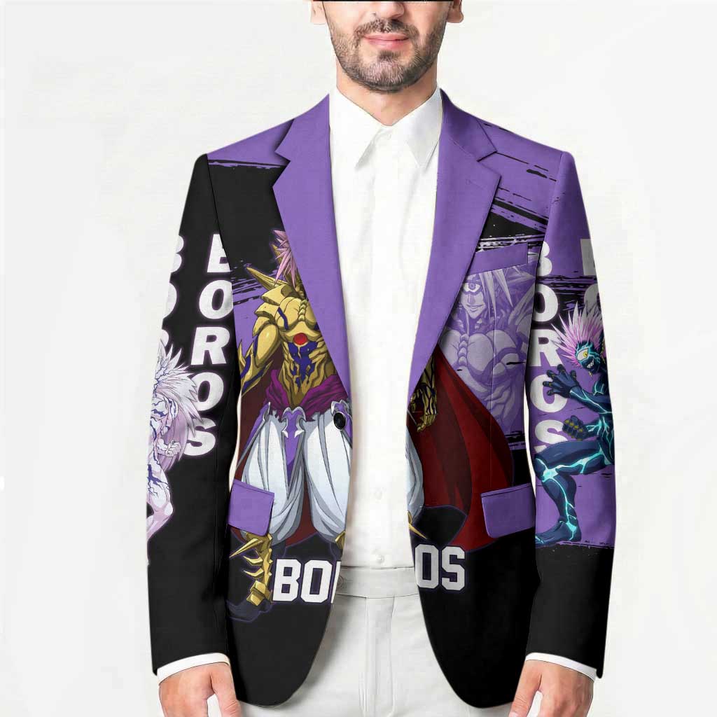 Boros One Punch Man Anime Purple and Black Theme Blazer with Galactic Overlord Design and Intense Battle Stance - The Mazicc