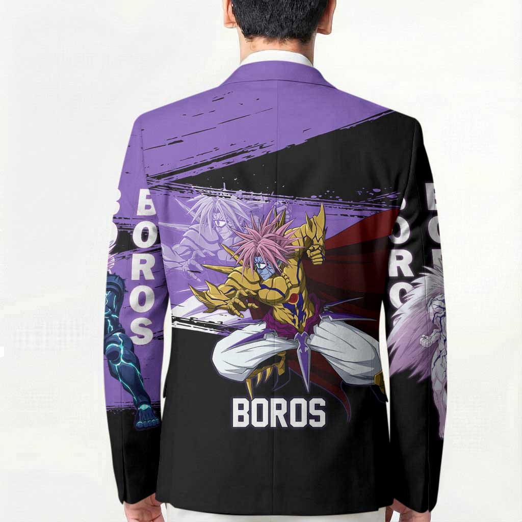 Boros One Punch Man Anime Purple and Black Theme Blazer with Galactic Overlord Design and Intense Battle Stance - The Mazicc