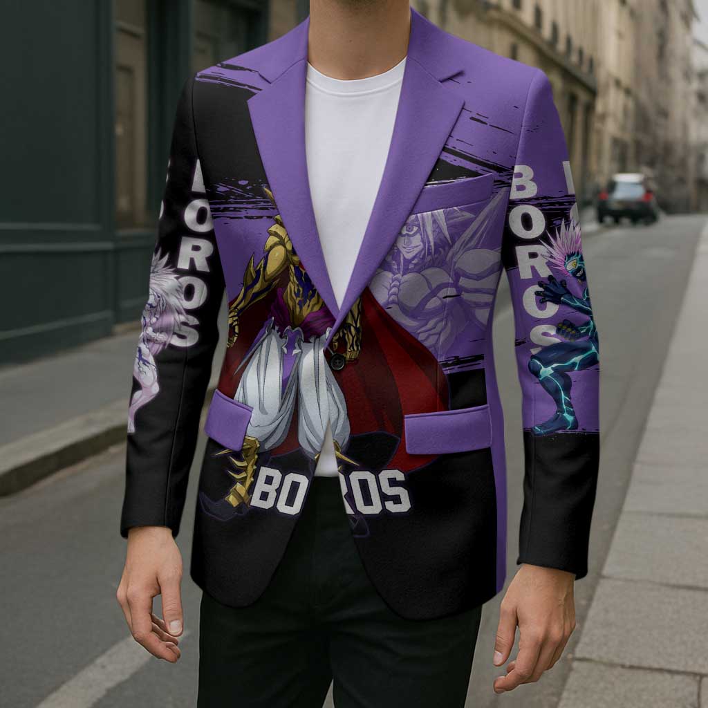 Boros One Punch Man Anime Purple and Black Theme Blazer with Galactic Overlord Design and Intense Battle Stance - The Mazicc