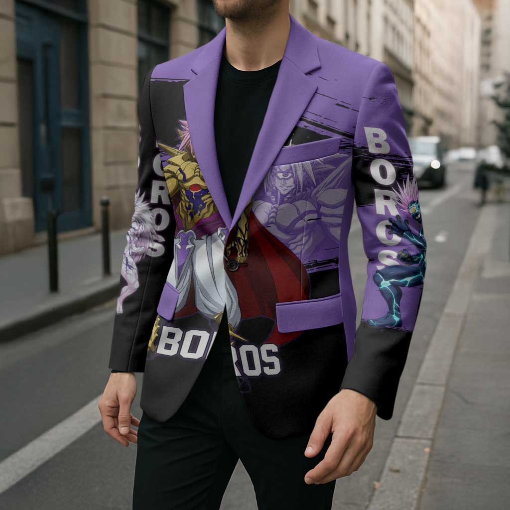 Boros One Punch Man Anime Purple and Black Theme Blazer with Galactic Overlord Design and Intense Battle Stance - The Mazicc