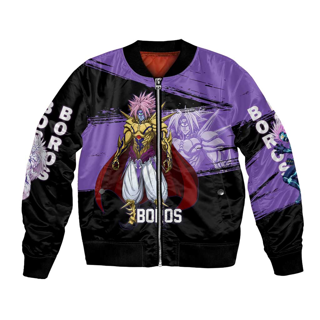 Boros One Punch Man Anime Purple and Black Theme Bomber Jacket with Galactic Overlord Design and Intense Battle Stance - The Mazicc