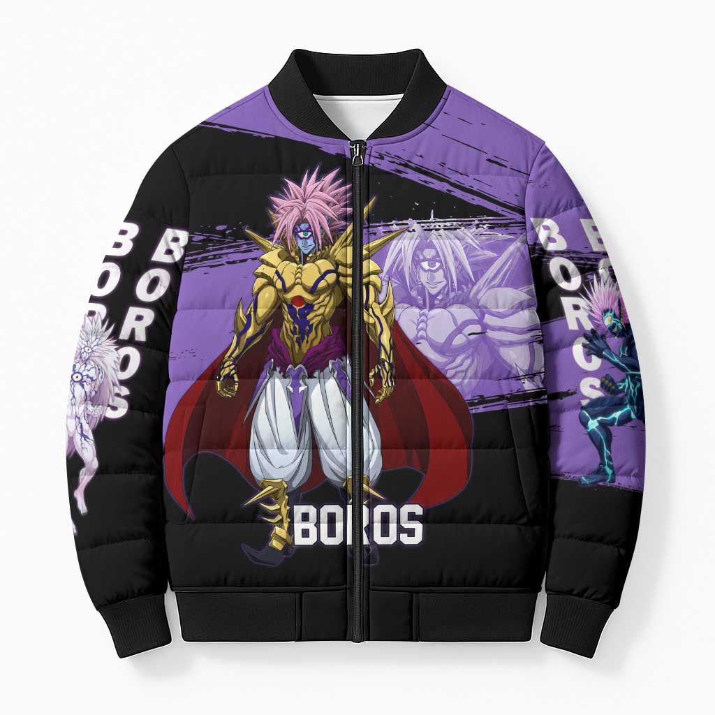 Boros One Punch Man Anime Purple and Black Theme Bomber Puffer Jacket with Galactic Overlord Design and Intense Battle Stance - The Mazicc