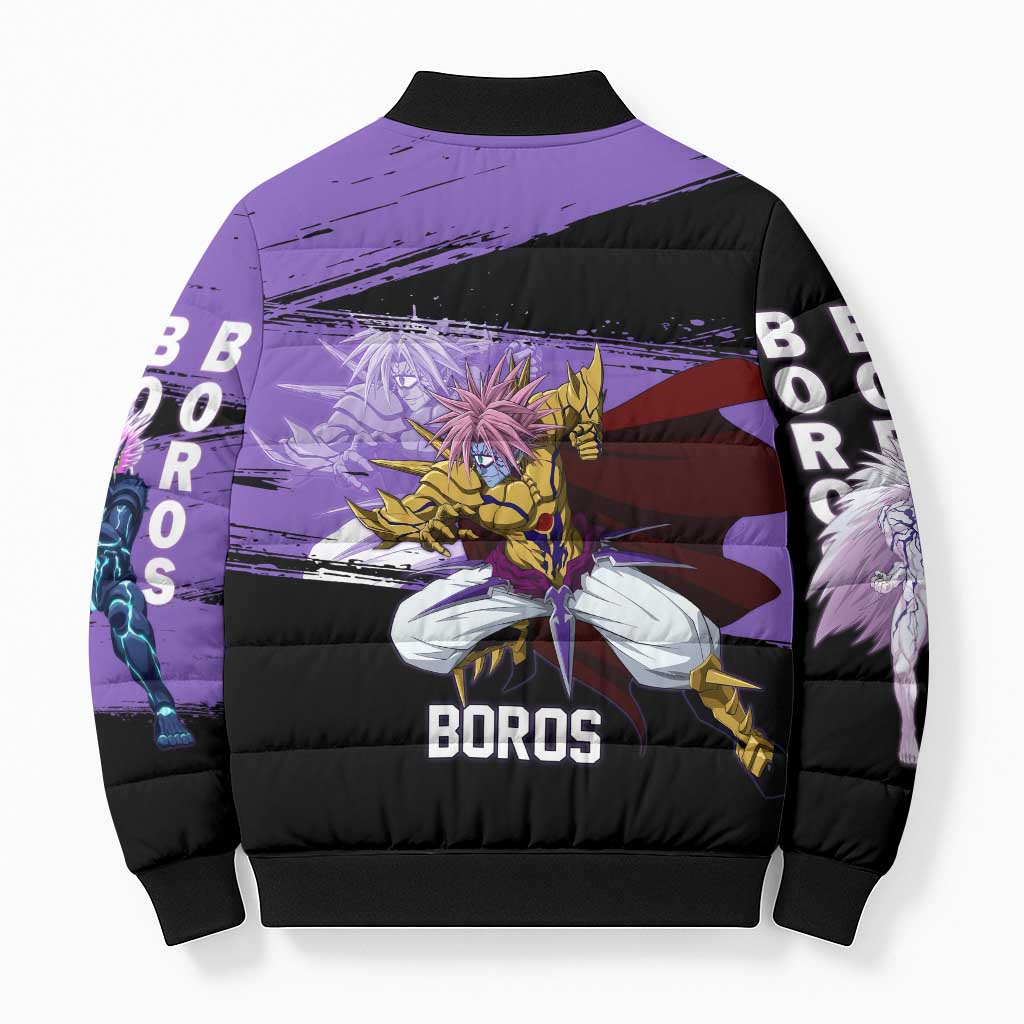 Boros One Punch Man Anime Purple and Black Theme Bomber Puffer Jacket with Galactic Overlord Design and Intense Battle Stance - The Mazicc