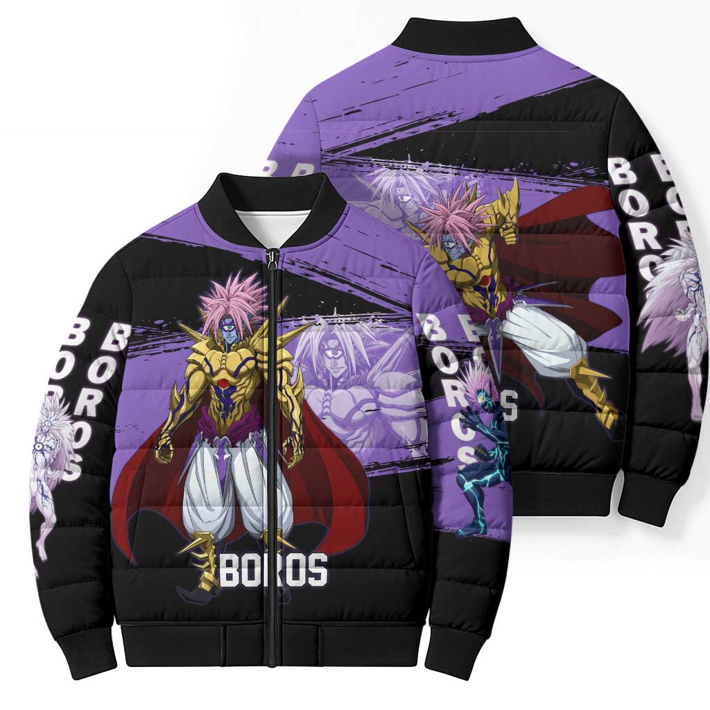 Boros One Punch Man Anime Purple and Black Theme Bomber Puffer Jacket with Galactic Overlord Design and Intense Battle Stance - The Mazicc