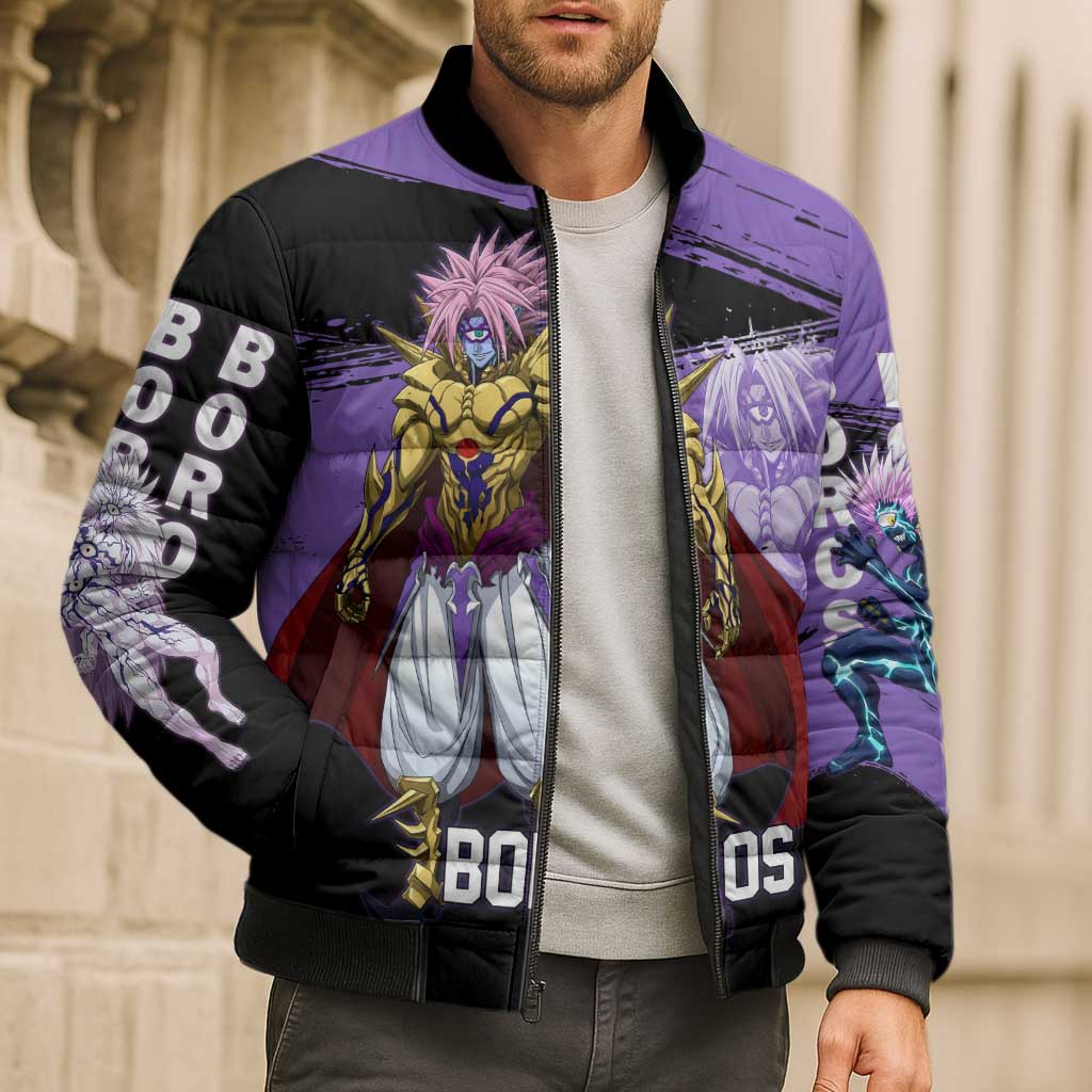 Boros One Punch Man Anime Purple and Black Theme Bomber Puffer Jacket with Galactic Overlord Design and Intense Battle Stance - The Mazicc