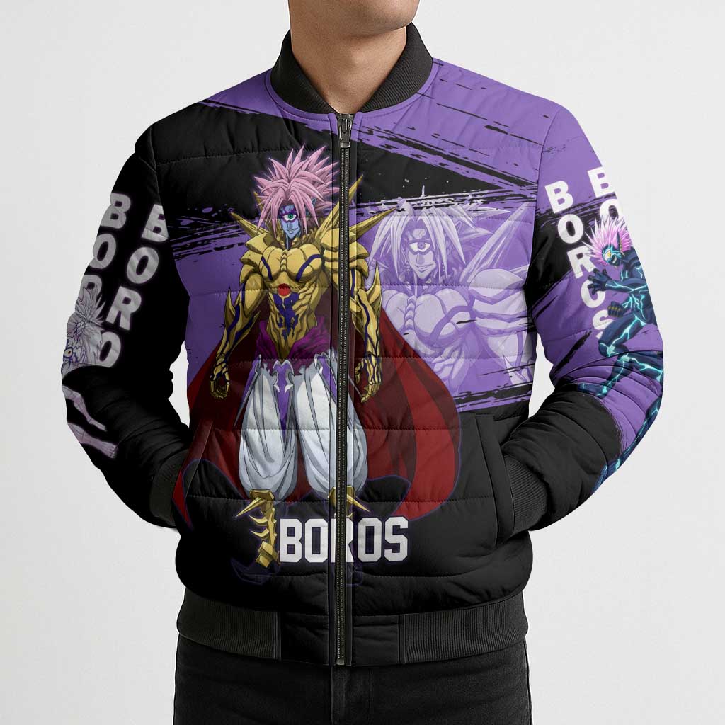 Boros One Punch Man Anime Purple and Black Theme Bomber Puffer Jacket with Galactic Overlord Design and Intense Battle Stance - The Mazicc