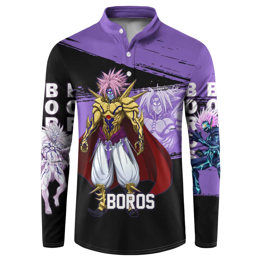 Boros One Punch Man Anime Purple and Black Theme Button Sweatshirt with Galactic Overlord Design and Intense Battle Stance - The Mazicc