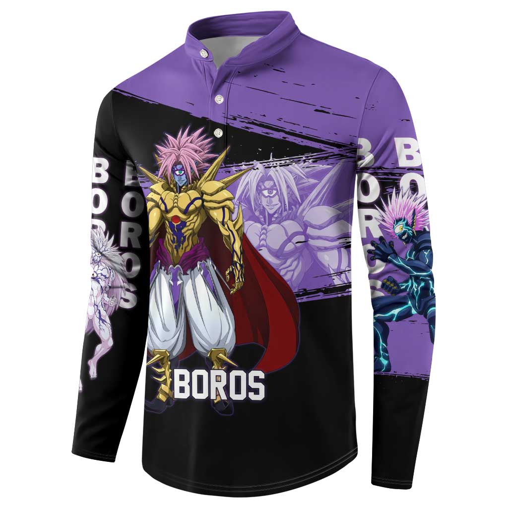Boros One Punch Man Anime Purple and Black Theme Button Sweatshirt with Galactic Overlord Design and Intense Battle Stance - The Mazicc